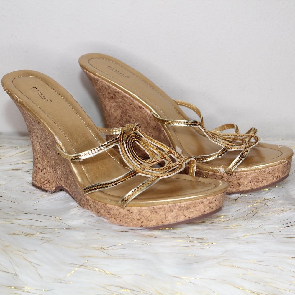 Fioni Gold Sequin Cork Wedges